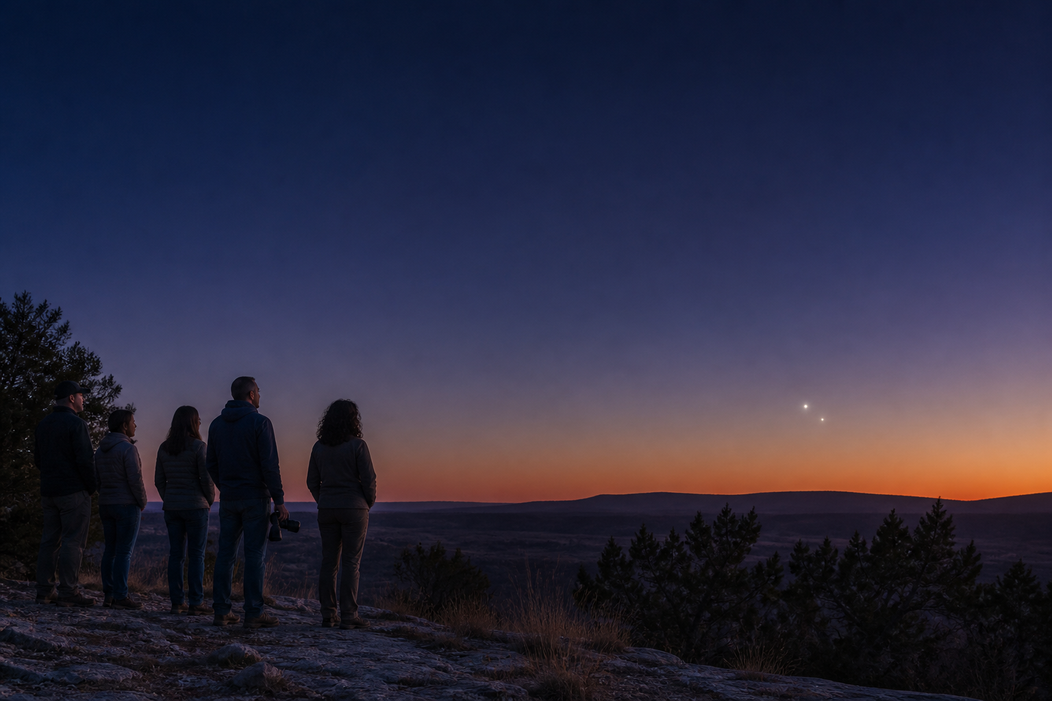 A diverse group of friends watches Mercury and Jupiter close together above a Texas Hill Country horizon before sunrise.