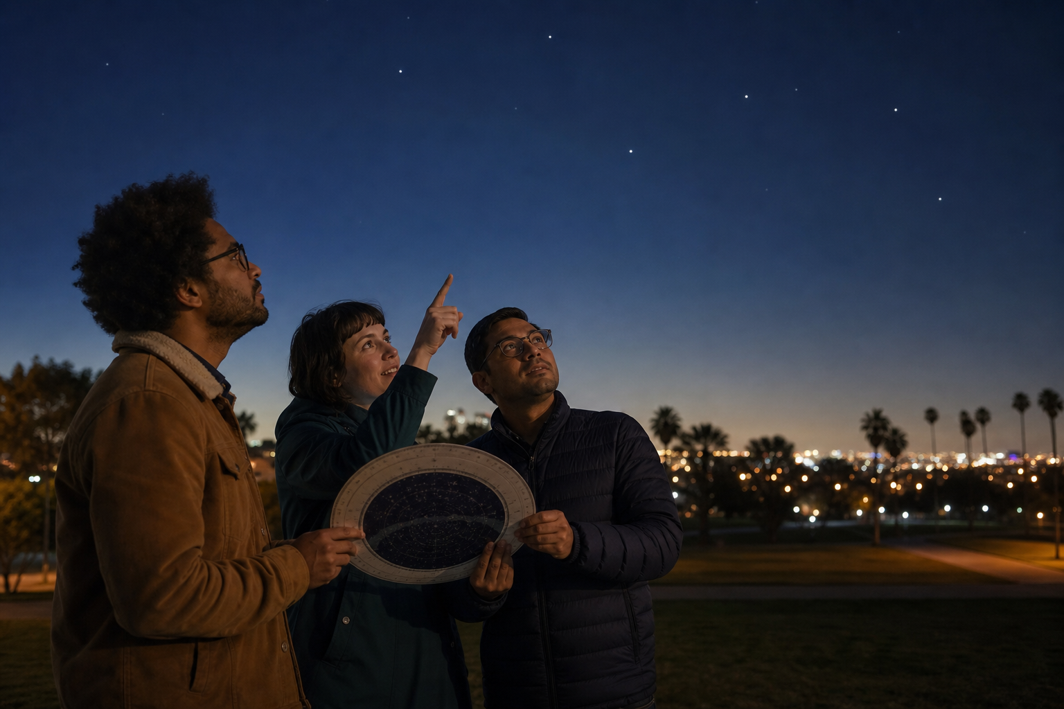 Three friends compare a planisphere while stargazing from a Los Angeles park