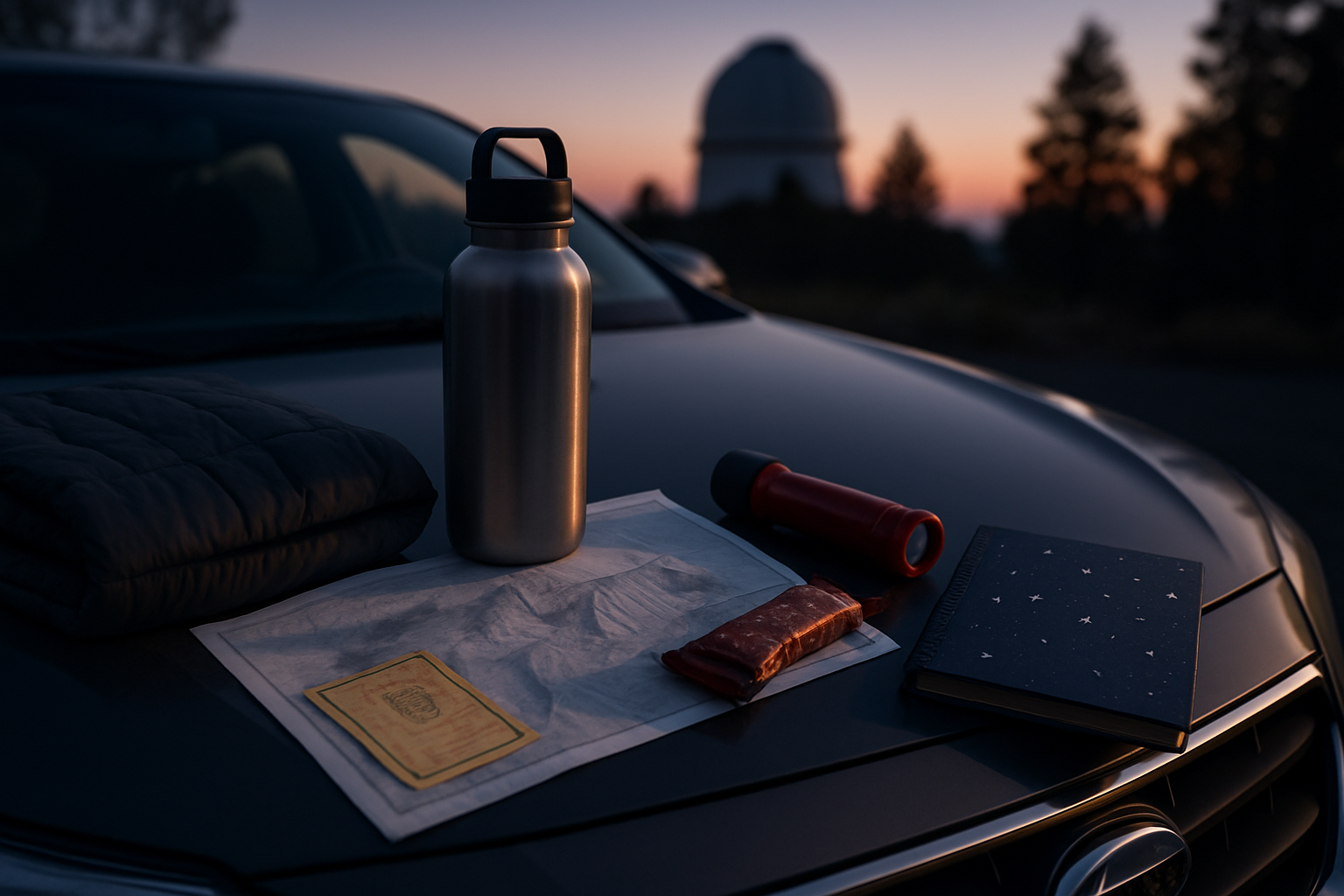 A simple first-timer gear setup on a car hood before an observatory night