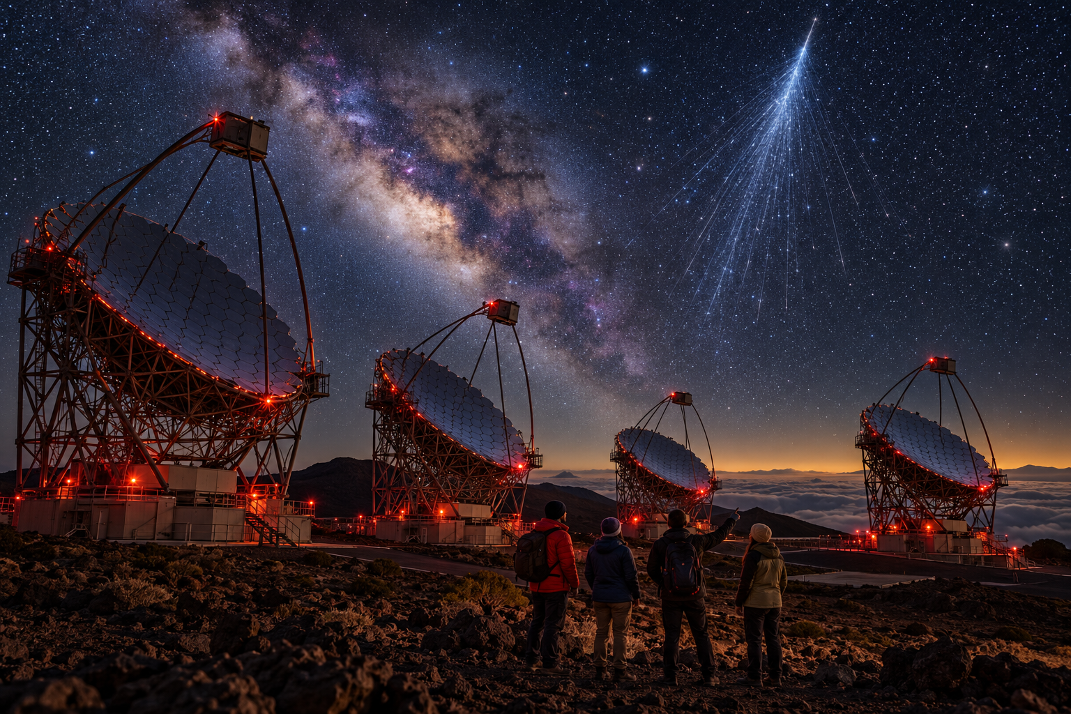 Four large Cherenkov telescopes beneath the Milky Way at a volcanic observatory, with a group of observers looking on