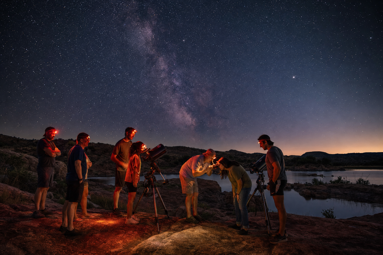 Community members using telescopes at an Inks Lake star party under a star-filled Hill Country sky.
