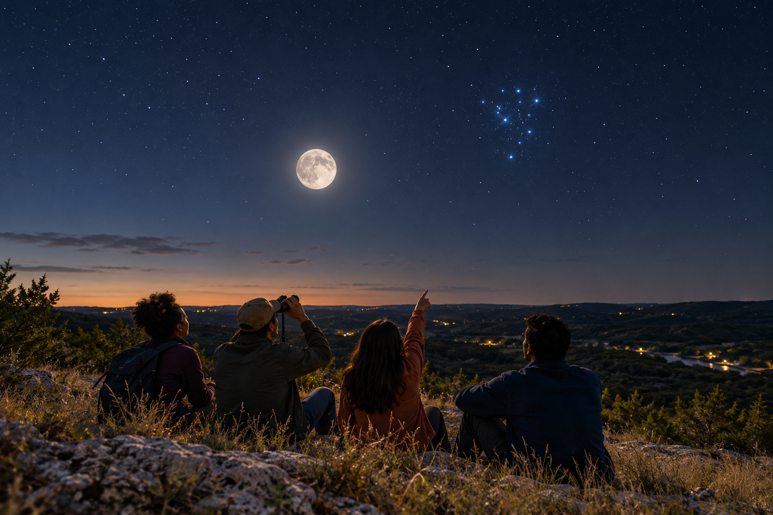 A small group of friends watches the Moon and Pleiades from a Hill Country overlook