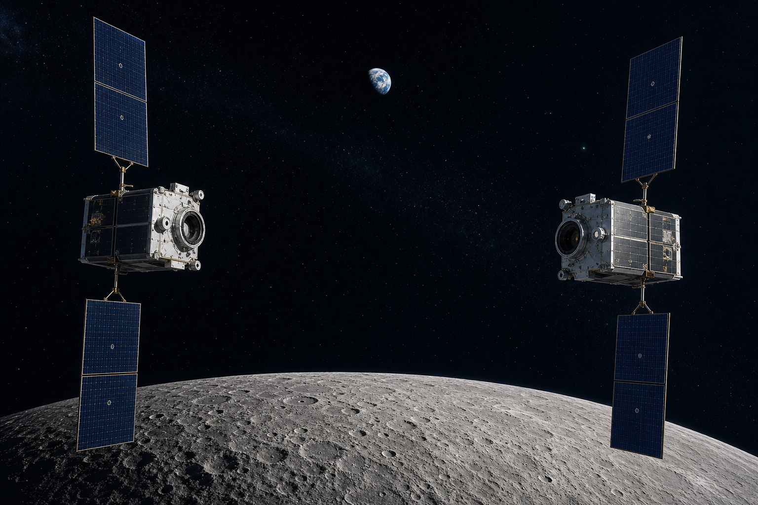 Two identical CAPSTONE 02 spacecraft preparing for rendezvous above the lunar horizon