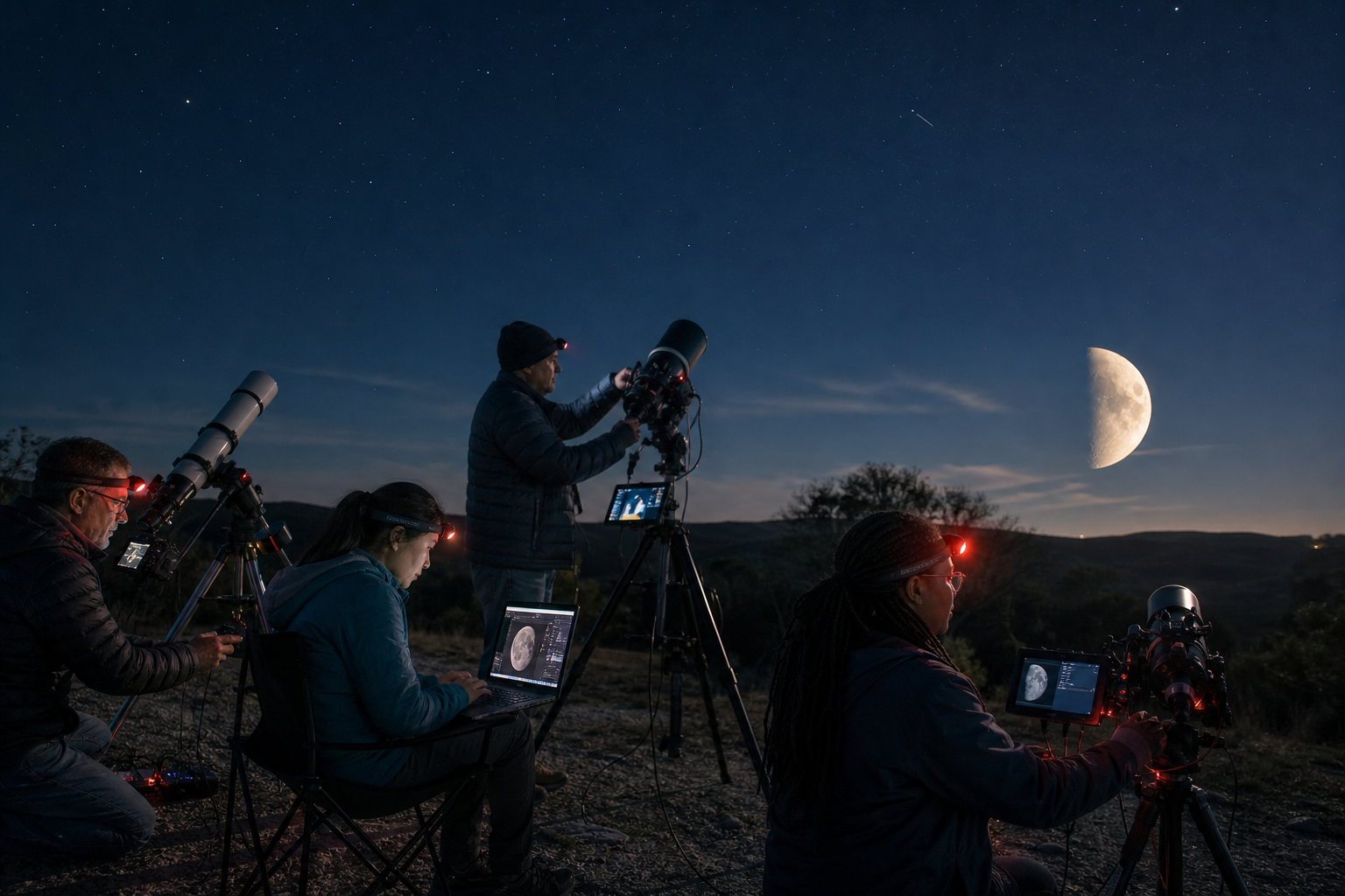 A diverse group of amateur astronomers operating telescope cameras together beneath a bright half-illuminated Moon