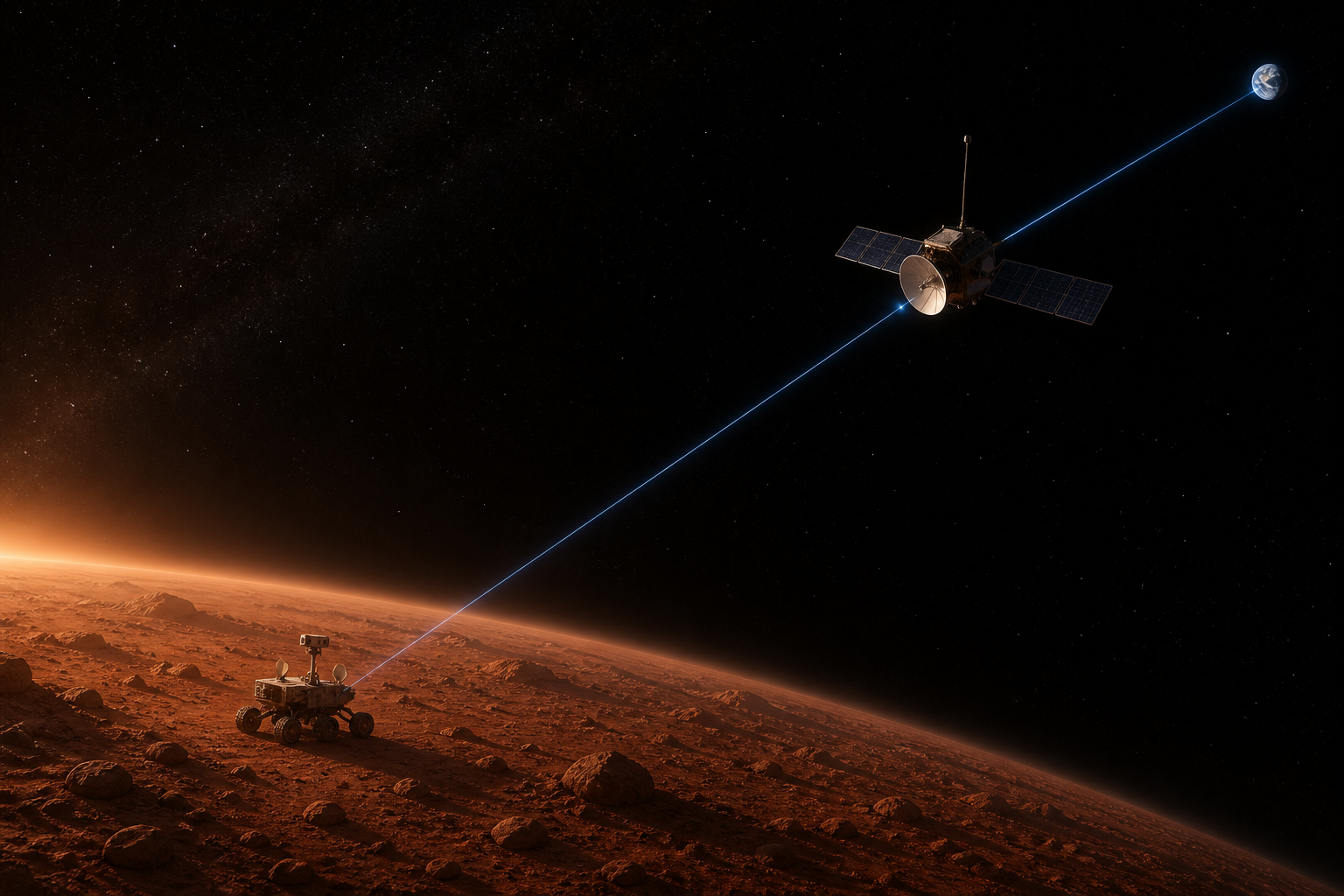 Conceptual illustration of a Mars communications orbiter relaying data between a surface mission and distant Earth.