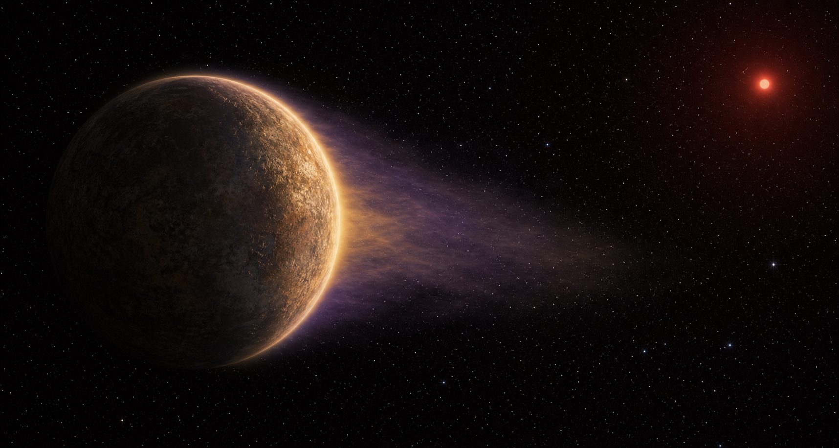 Conceptual illustration of a thin upper-atmosphere helium plume leaving a rocky exoplanet