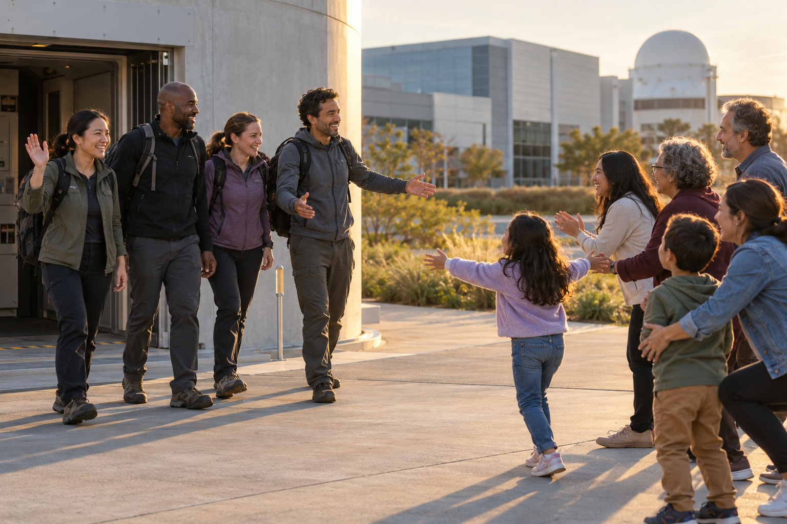 Fictional research volunteers return from an Earth-based habitat to greet a waiting community at golden hour