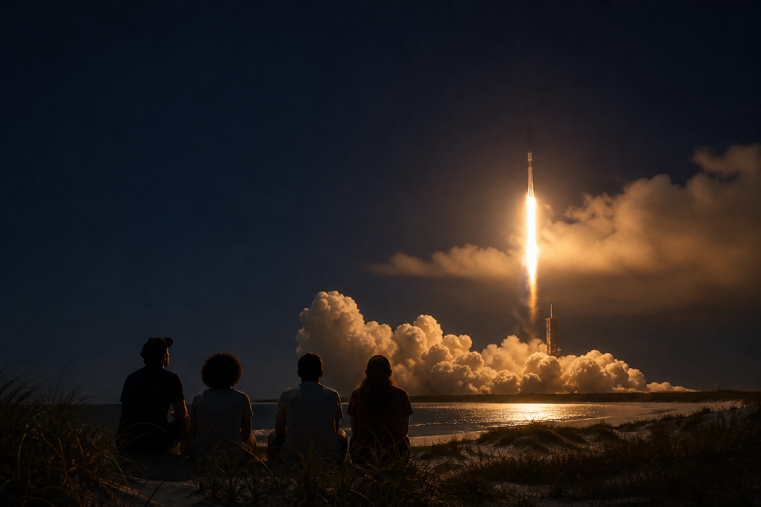 Four space enthusiasts watch an orbital rocket lift off from a Florida beach at night