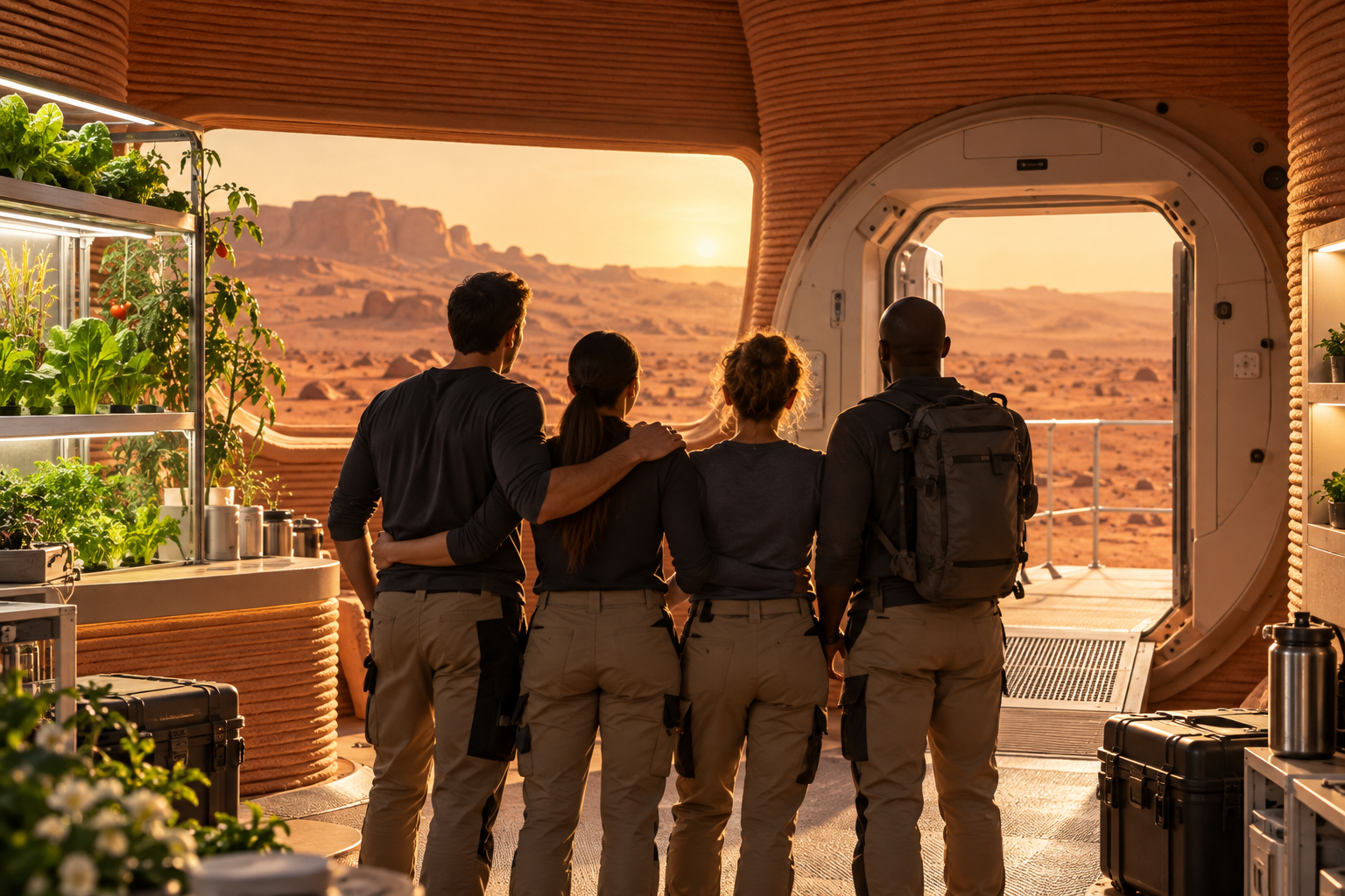 Original editorial illustration of four CHAPEA-style research volunteers in a Mars analog habitat, facing a simulated Martian landscape.
