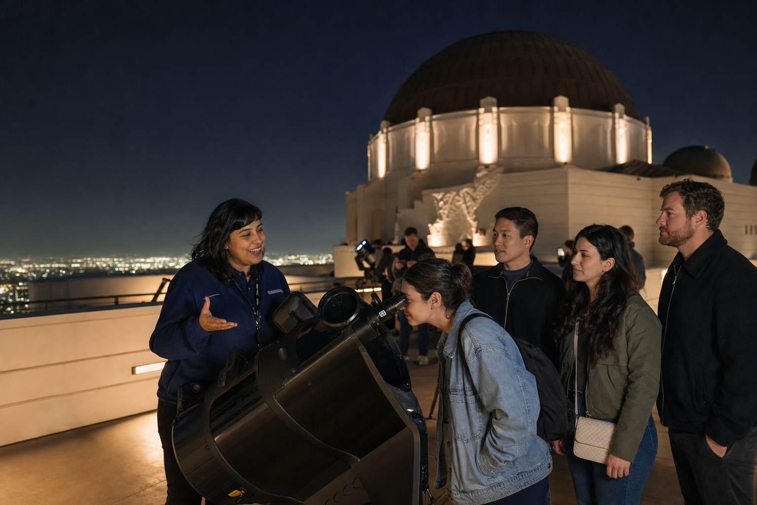 Visitors share a public telescope experience with an astronomy guide.