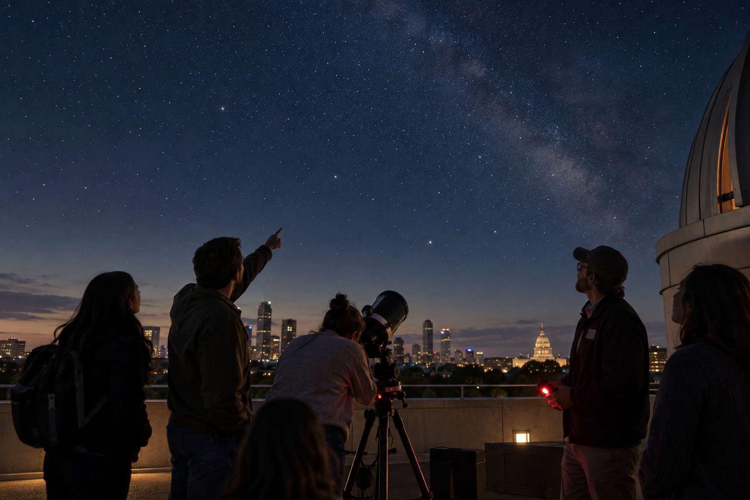 A small community watches the night sky together during a quiet public observing session