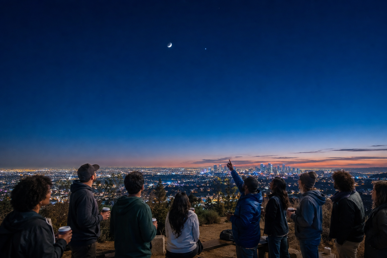 A Los Angeles community group watches the crescent Moon and Jupiter from an overlook before sunrise