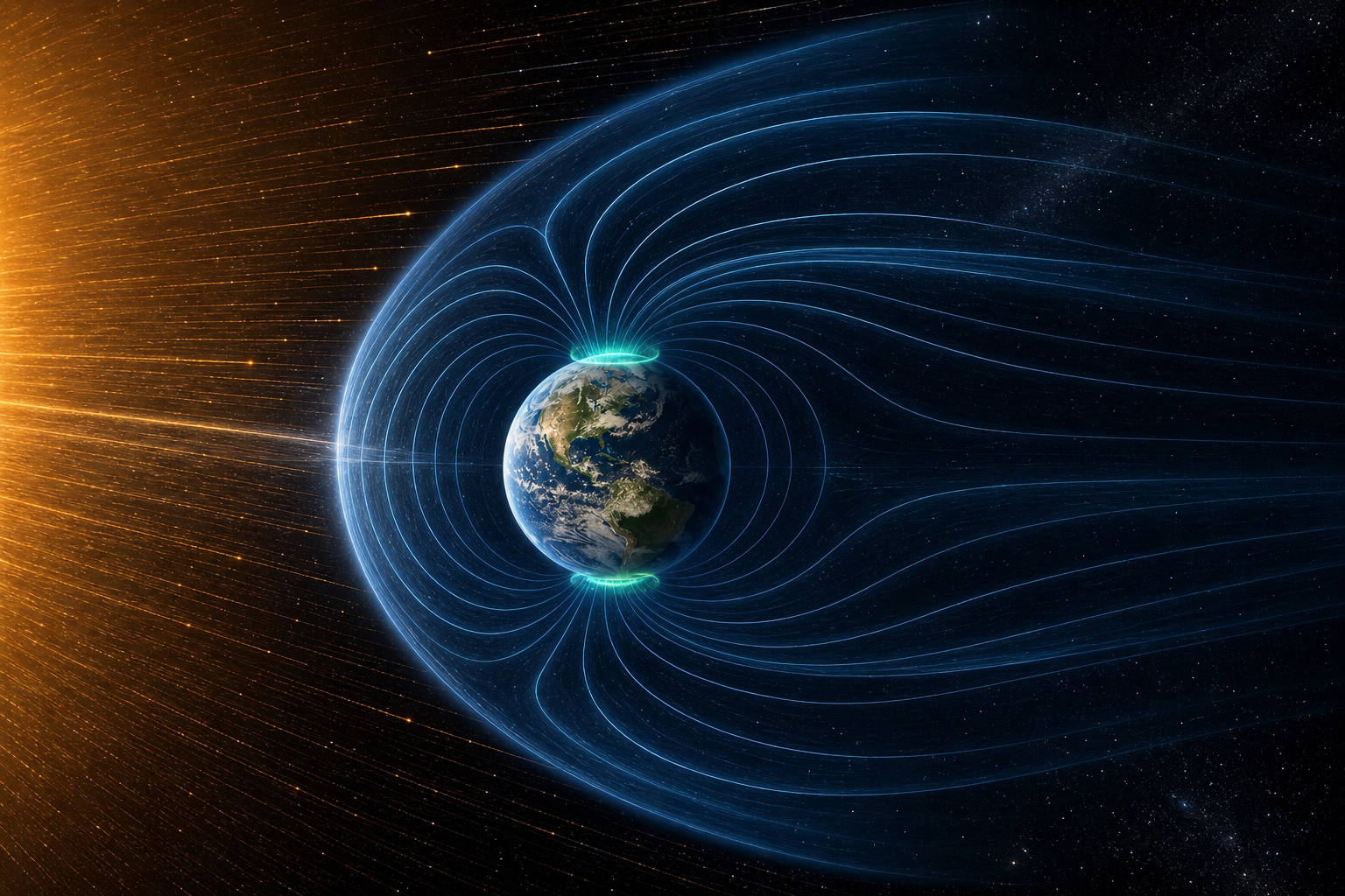 Earth’s magnetosphere deflecting solar particles, with auroral ovals confined to the poles