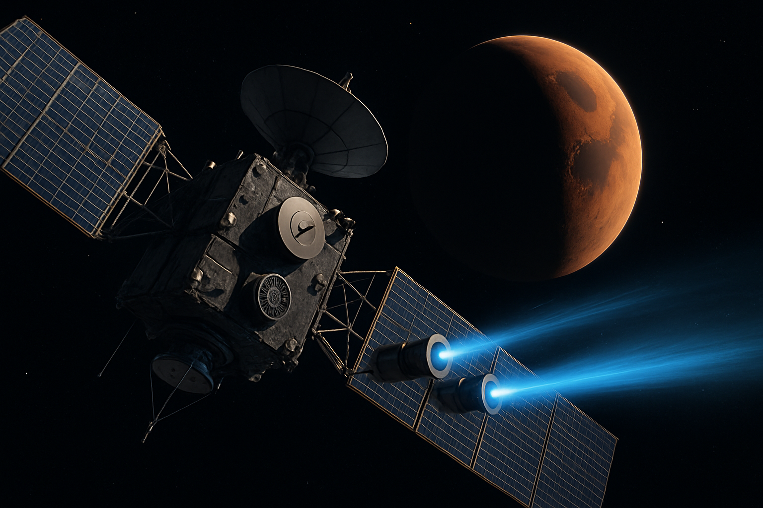 Close view of Psyche spacecraft with blue ion thrusters and Mars behind it