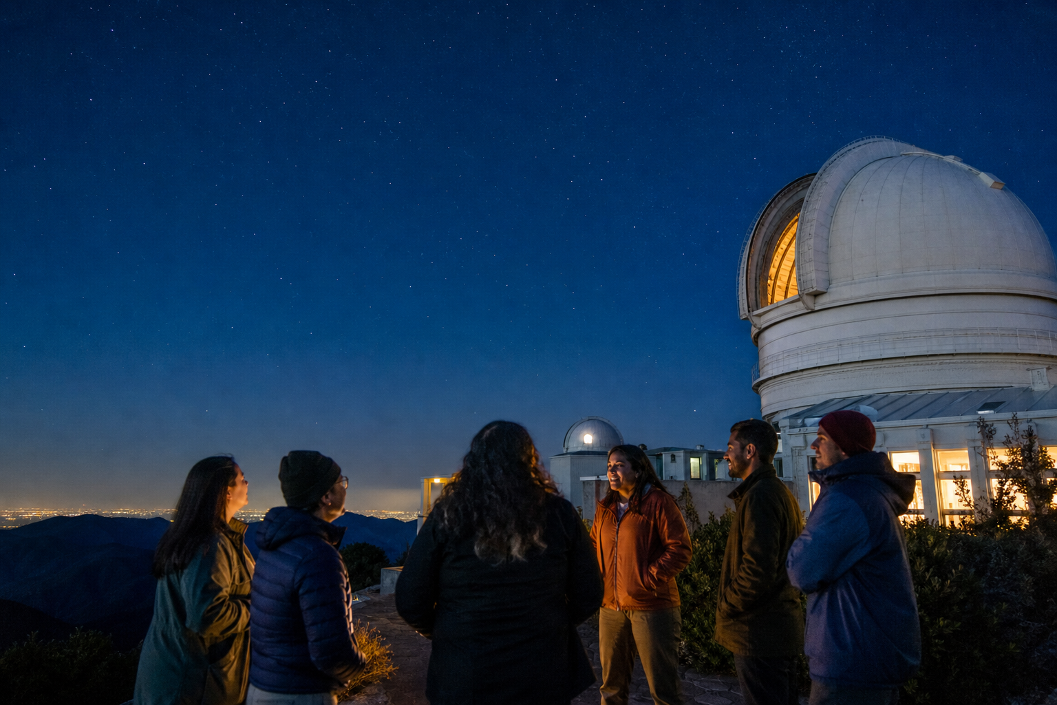 A diverse group of friends gathers outside Mount Wilson Observatory at blue hour beneath the first stars.