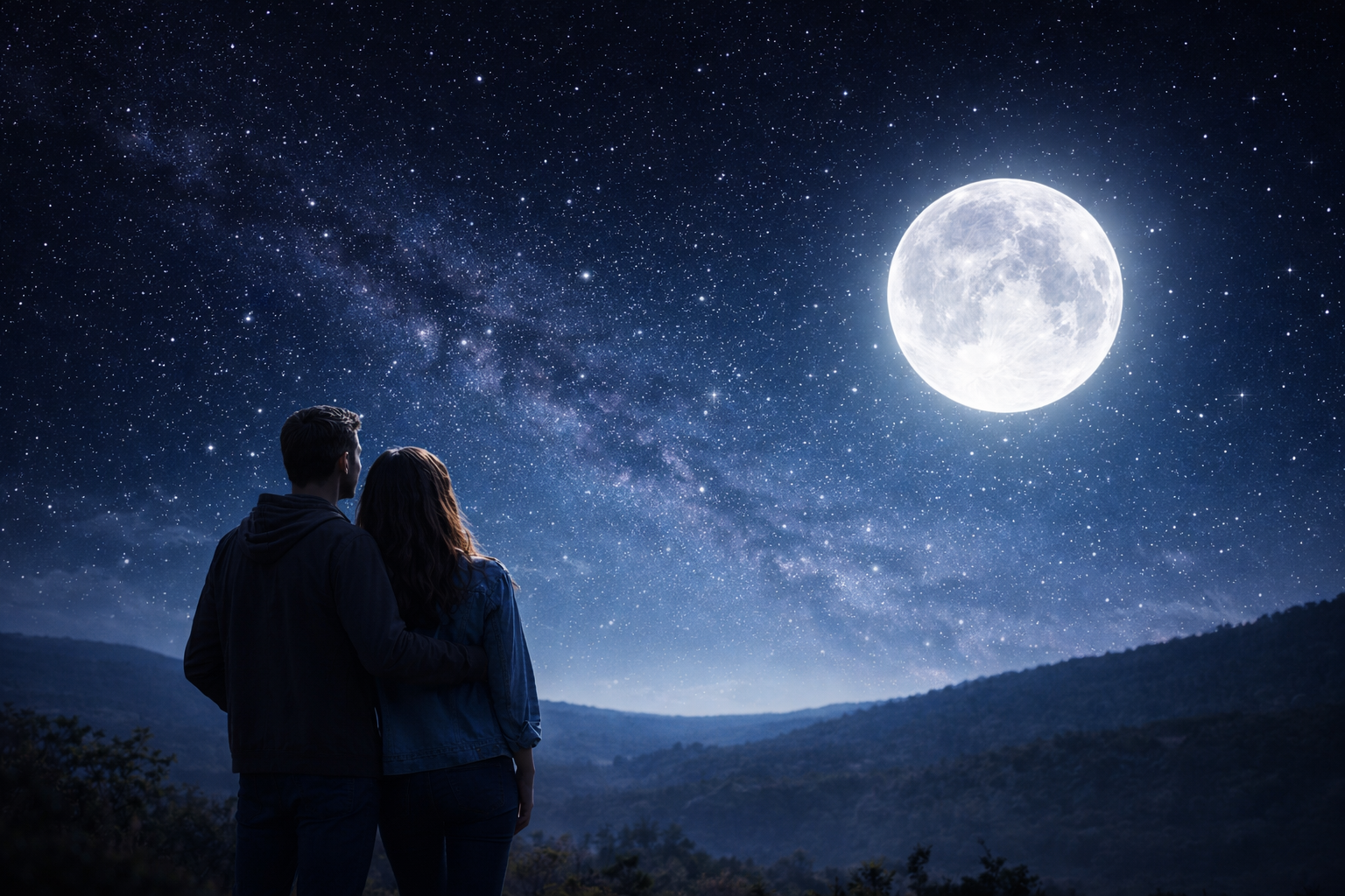 A couple standing together under a starry night sky, gazing at a bright full moon above distant hills.