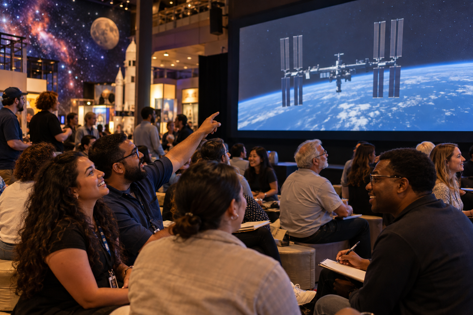 A welcoming community spaceflight watch party discussing the future of stations in orbit