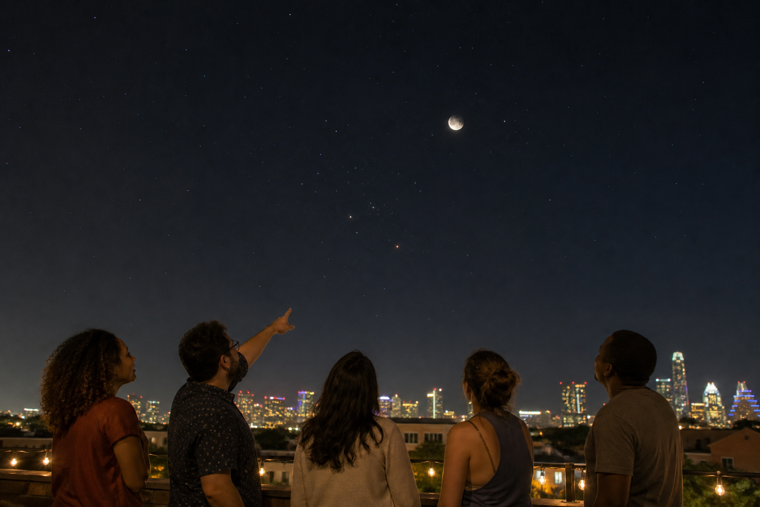 Friends use the Moon to find Antares from an Austin rooftop