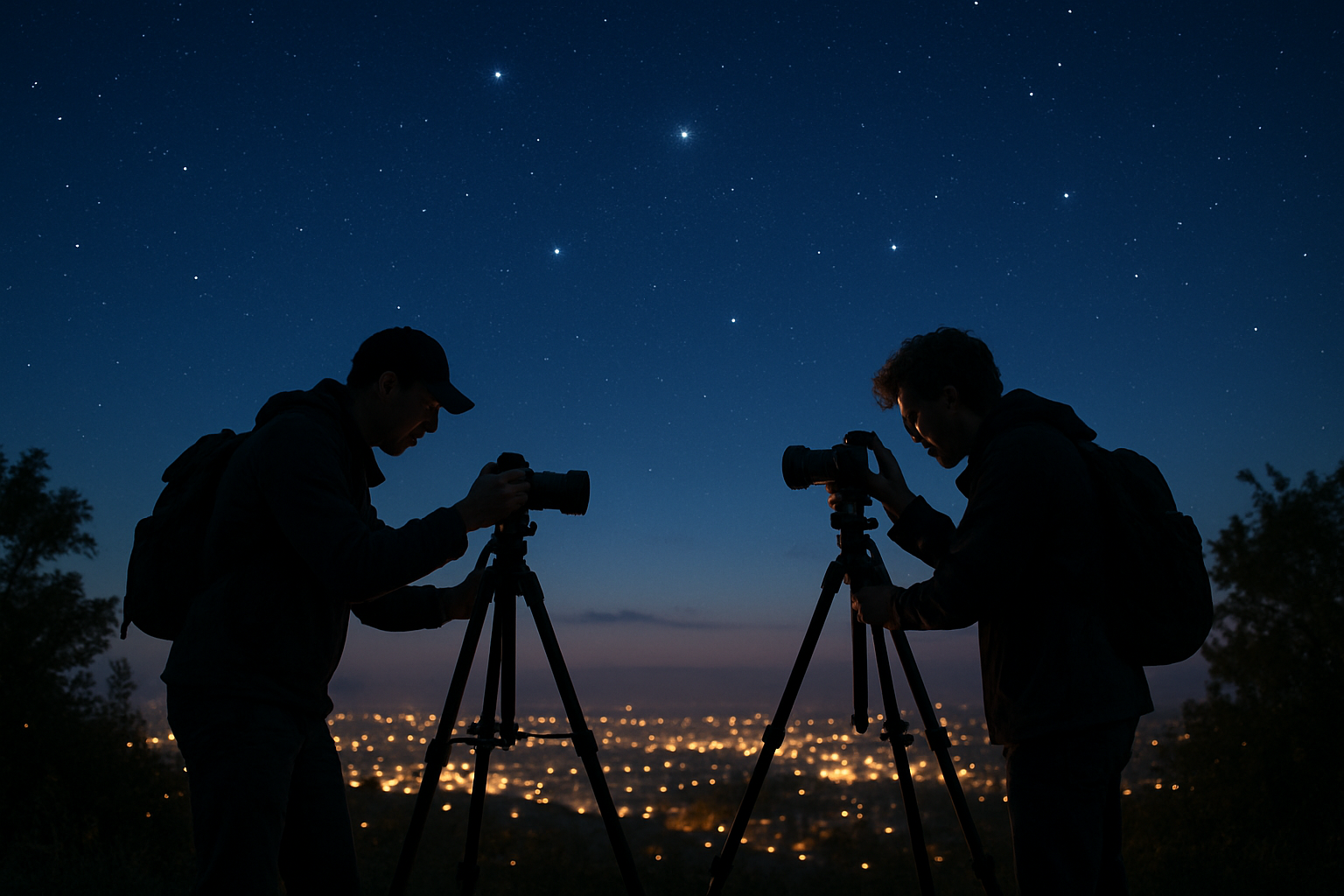 Small group of astrophotographers setting up tripods under deep blue twilight with the Summer Triangle beginning to appear overhead