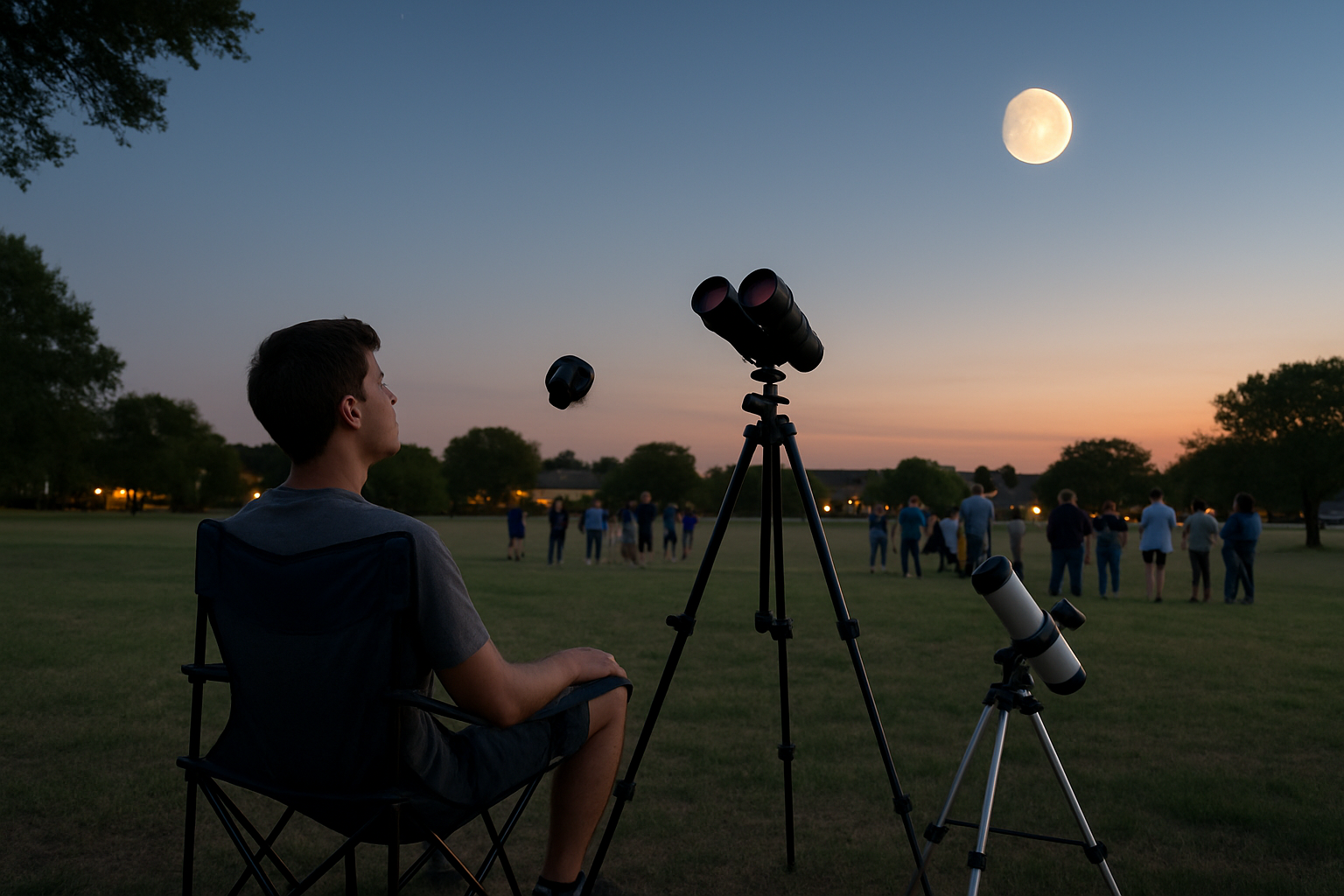 A beginner-friendly suburban park setup with a folding chair, binocular tripod, and small telescope after dusk