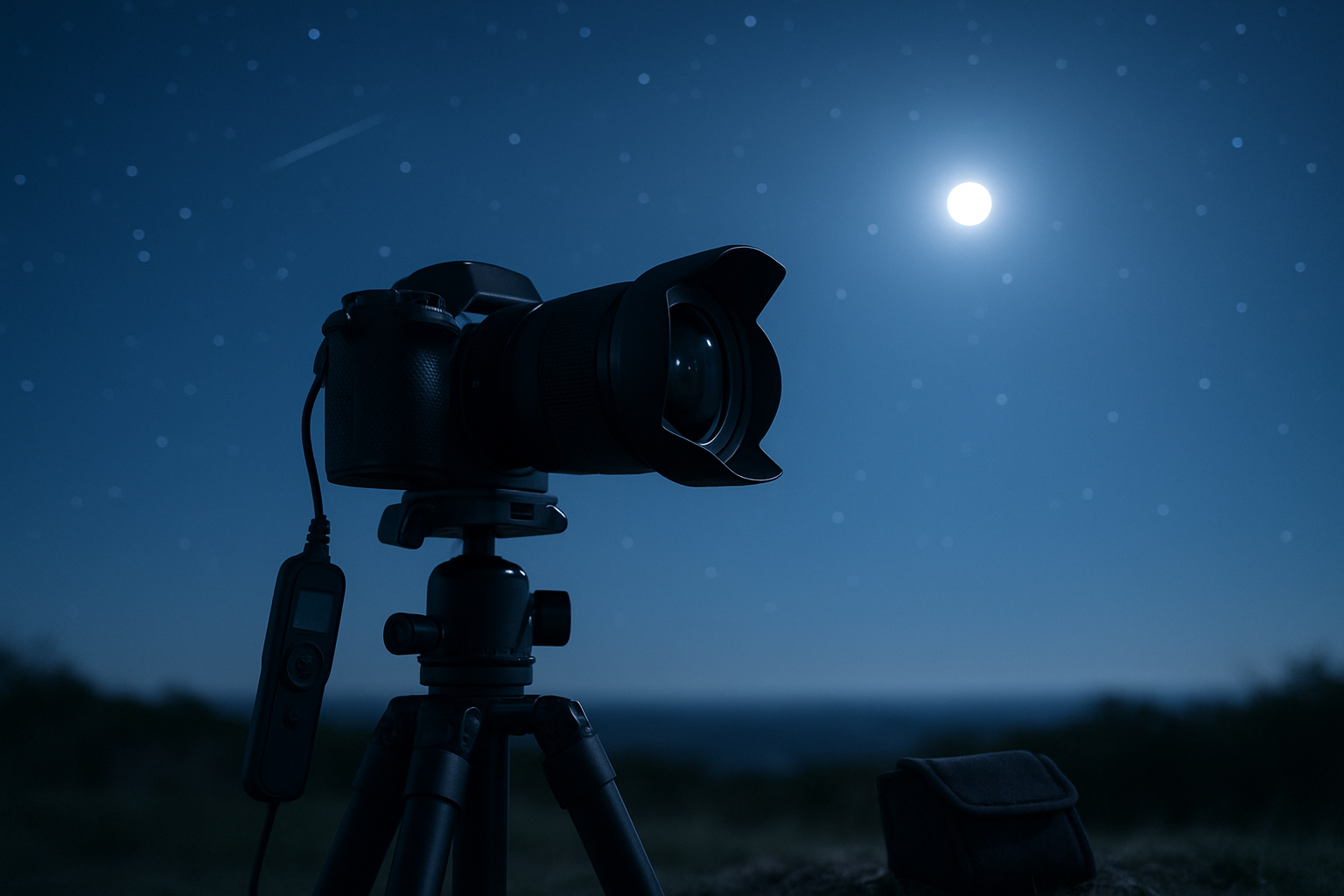 Mirrorless camera on a stable tripod set up for continuous meteor photography before dawn.