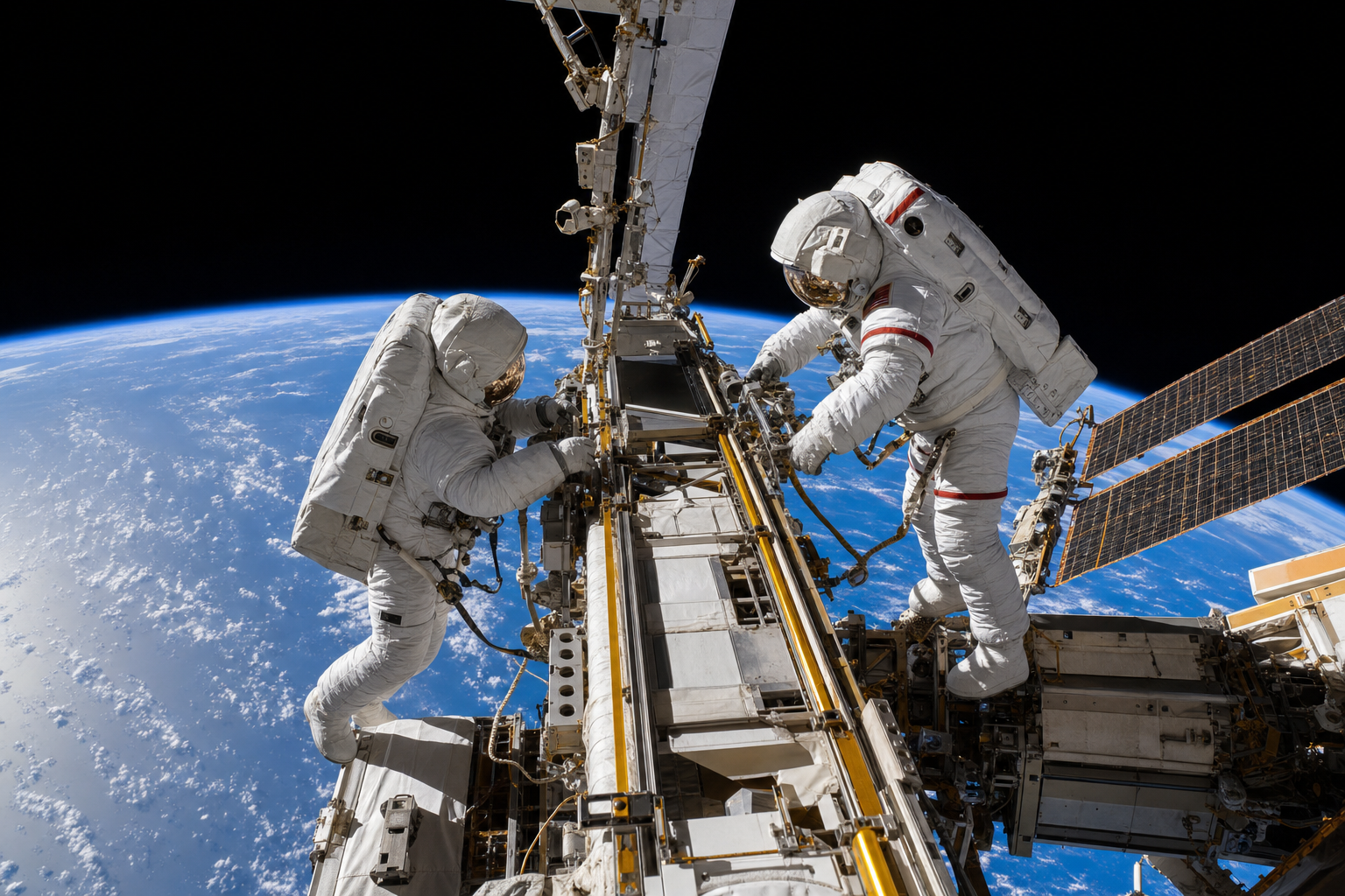 Two astronauts conduct an International Space Station spacewalk above Earth, preparing solar-array power hardware