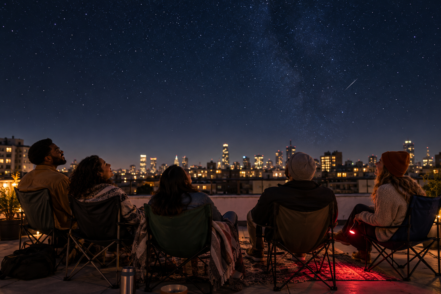 Friends use a red flashlight and watch a city rooftop sky after dark