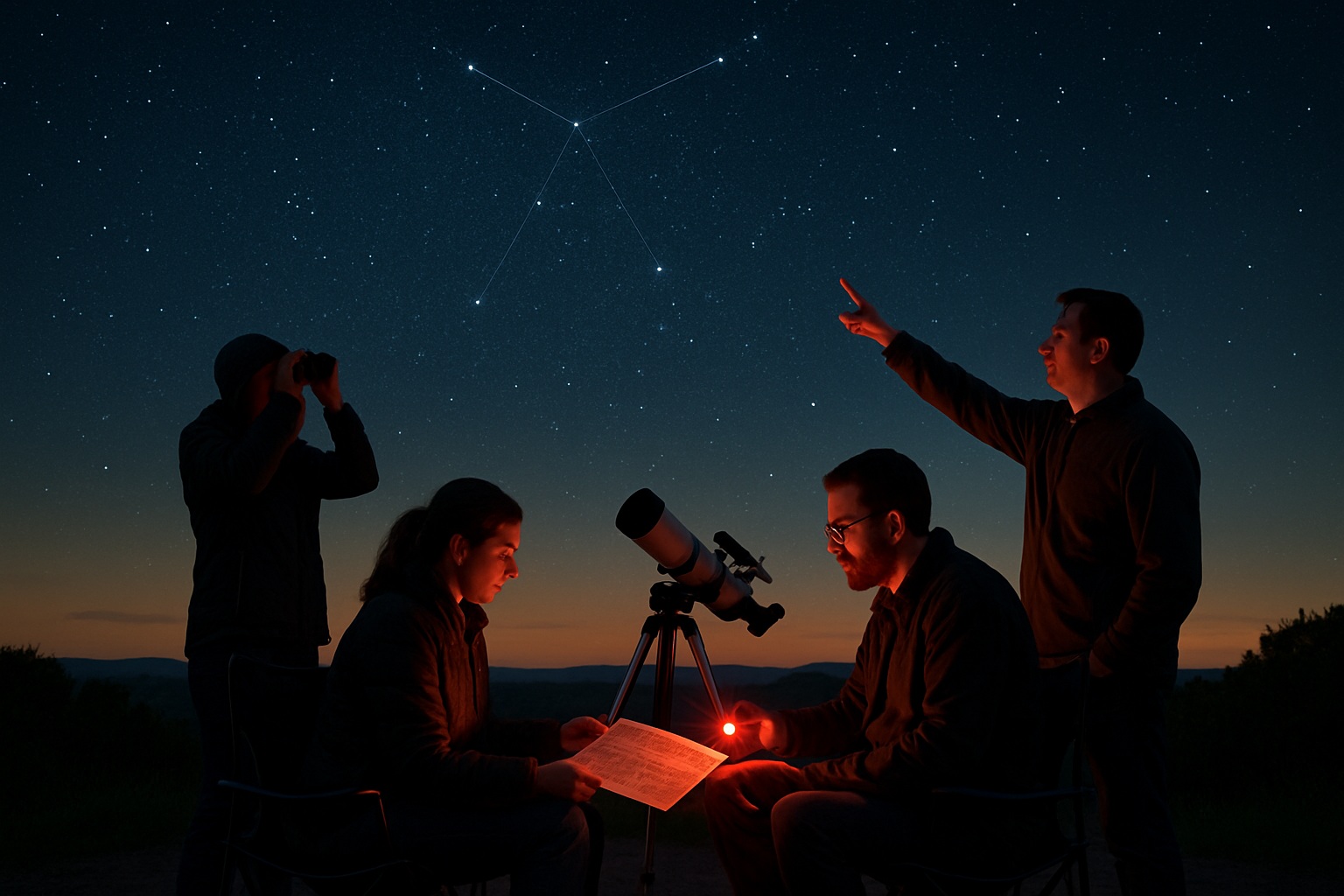 Small group of amateur skywatchers learning the Summer Triangle together from a dark overlook