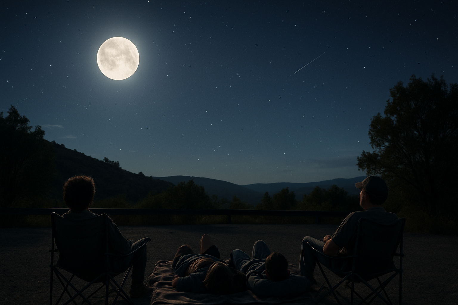 Friends reclining on blankets and chairs under a moonlit summer sky with a faint meteor overhead