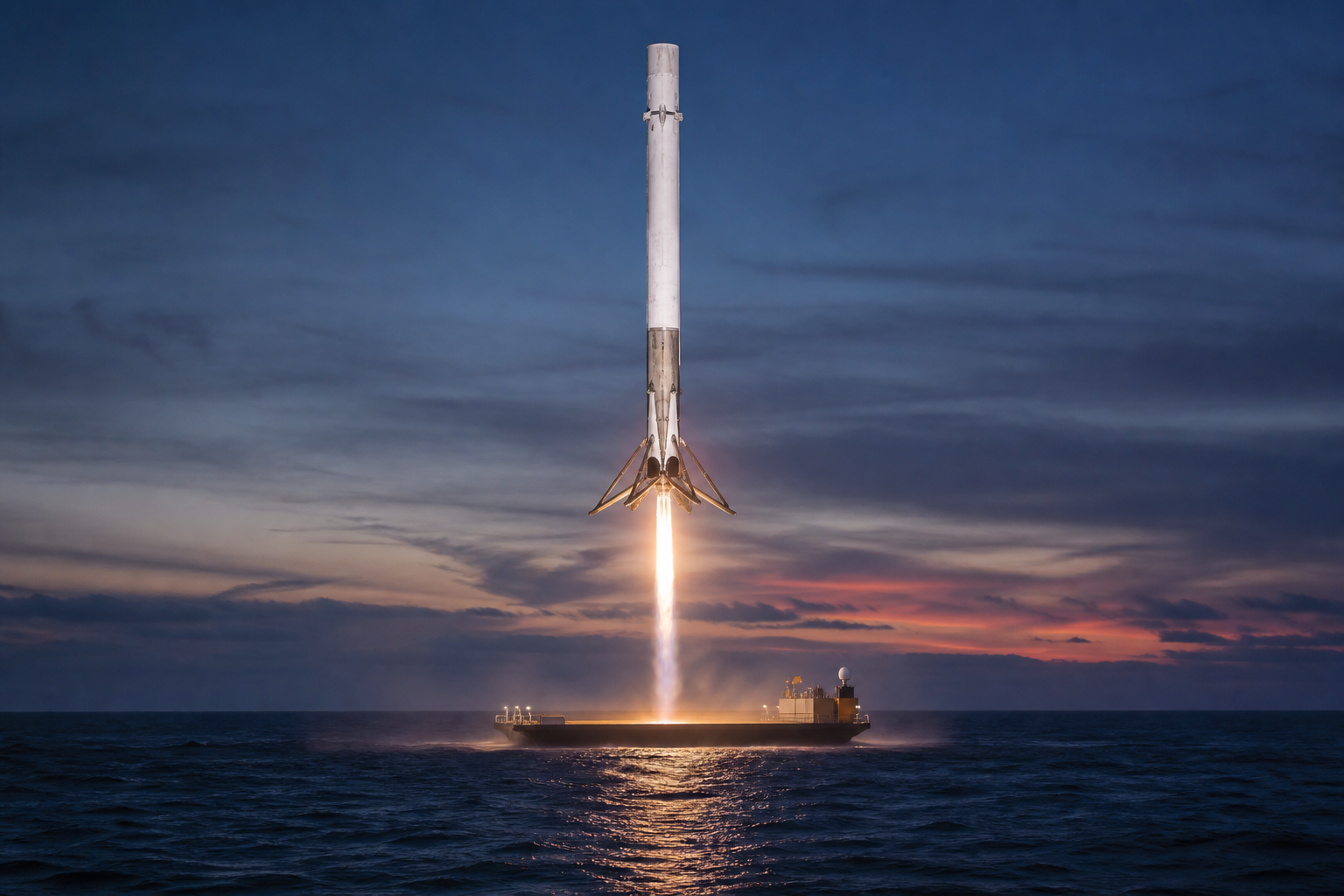 A reusable orbital booster makes a controlled descent toward an ocean droneship