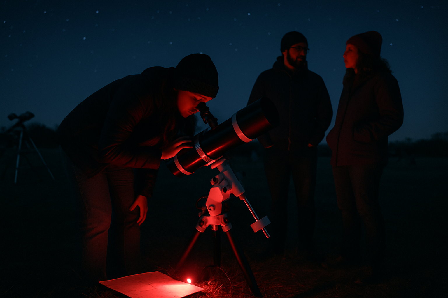 A beginner uses a telescope under red-light etiquette