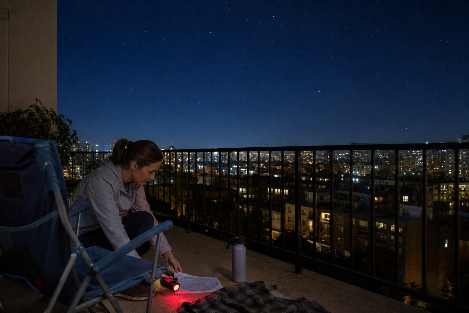 A beginner prepares a balcony meteor watch with red light