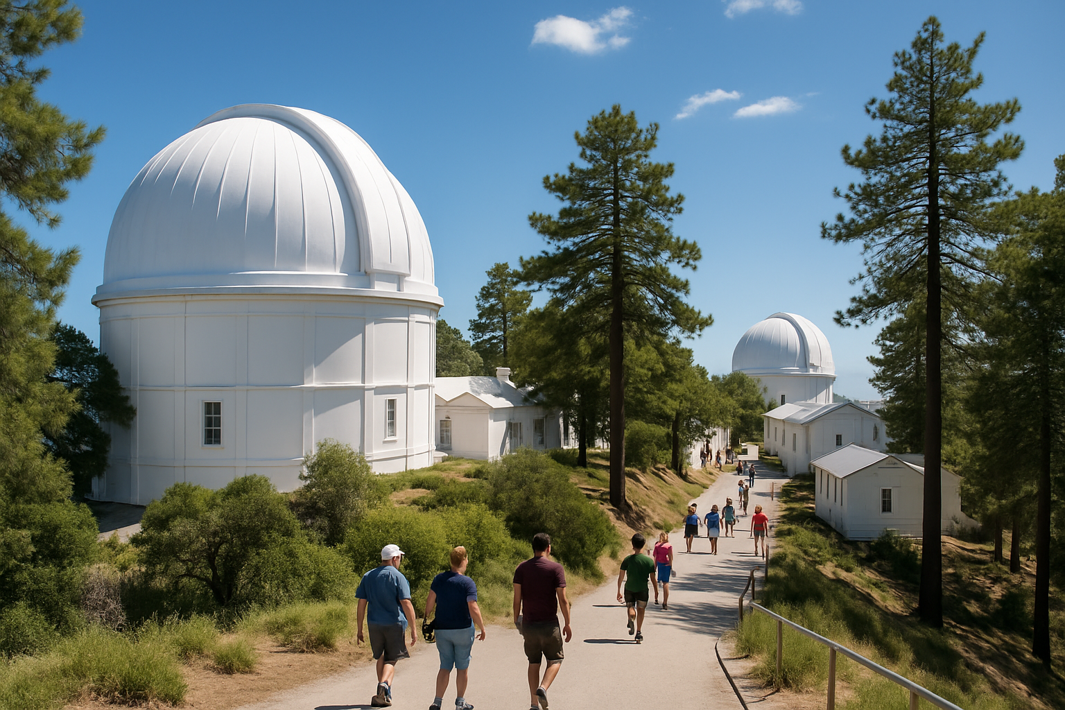 Wide summer view of the Mount Wilson Observatory campus with visitors walking between the historic domes