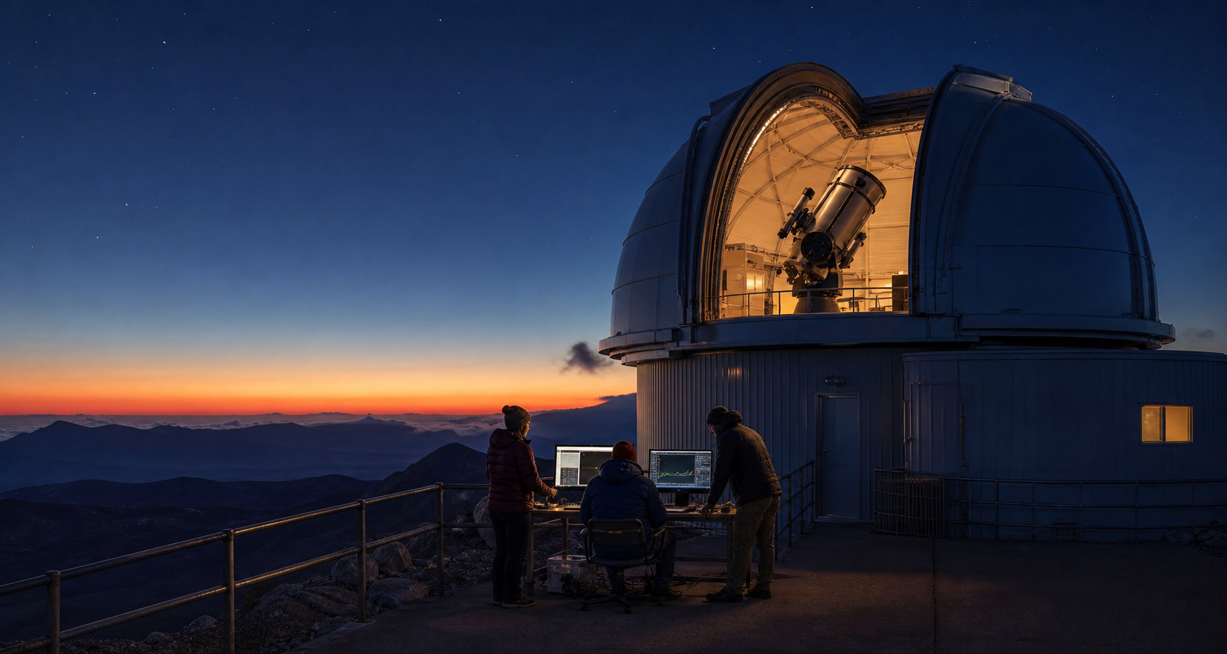 Researchers beside a mountain observatory at blue hour