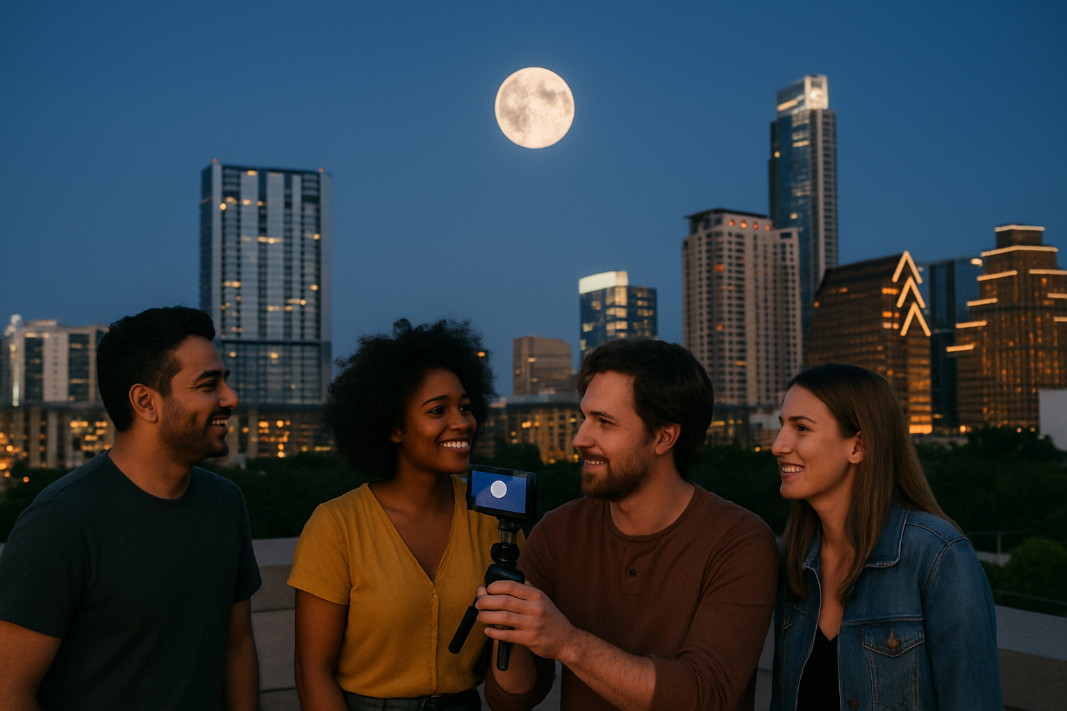 Friends photograph the Moon with a smartphone on an Austin rooftop at blue hour.