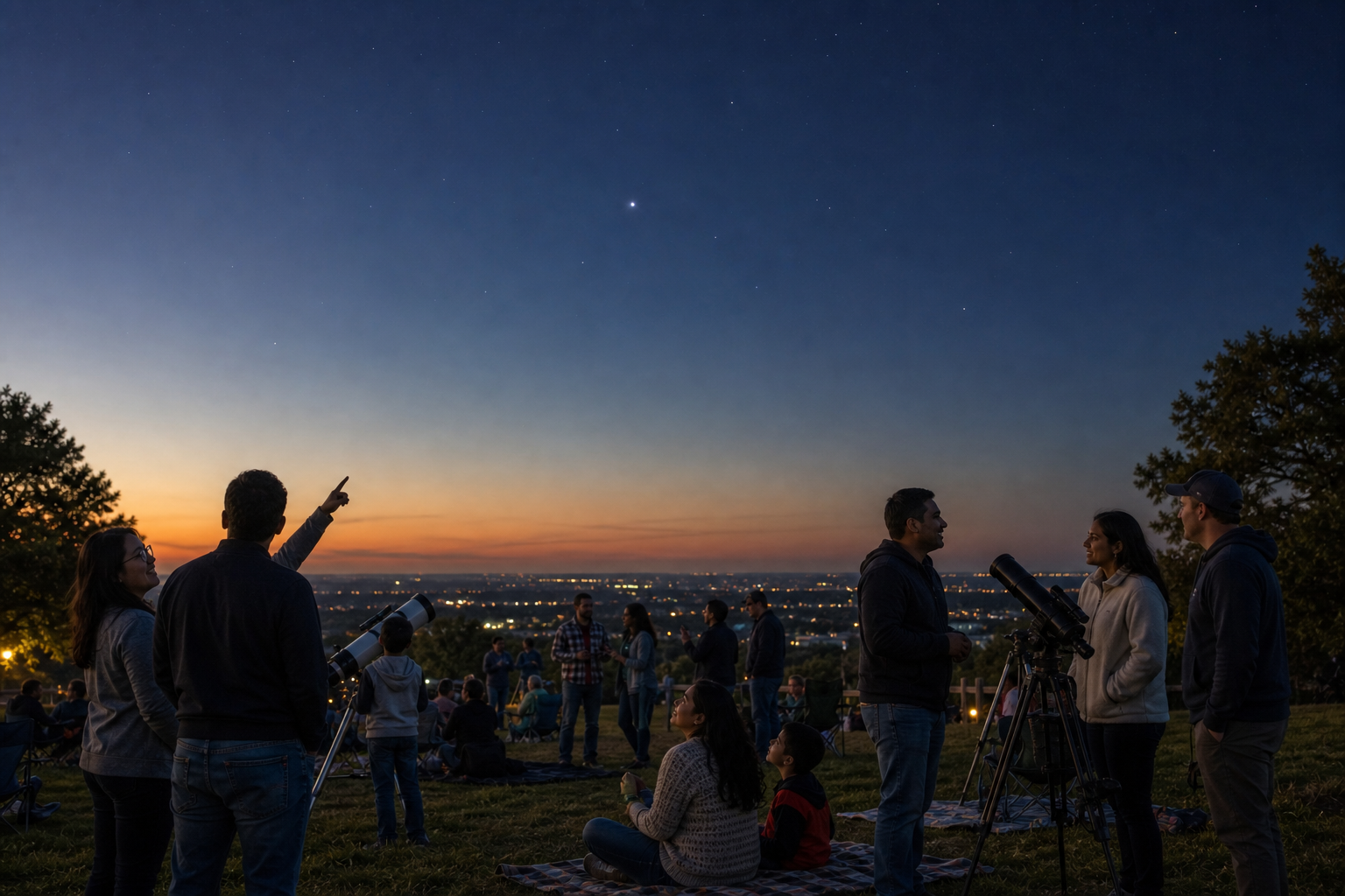 Small groups of community stargazers gathered at a public astronomy event at dusk
