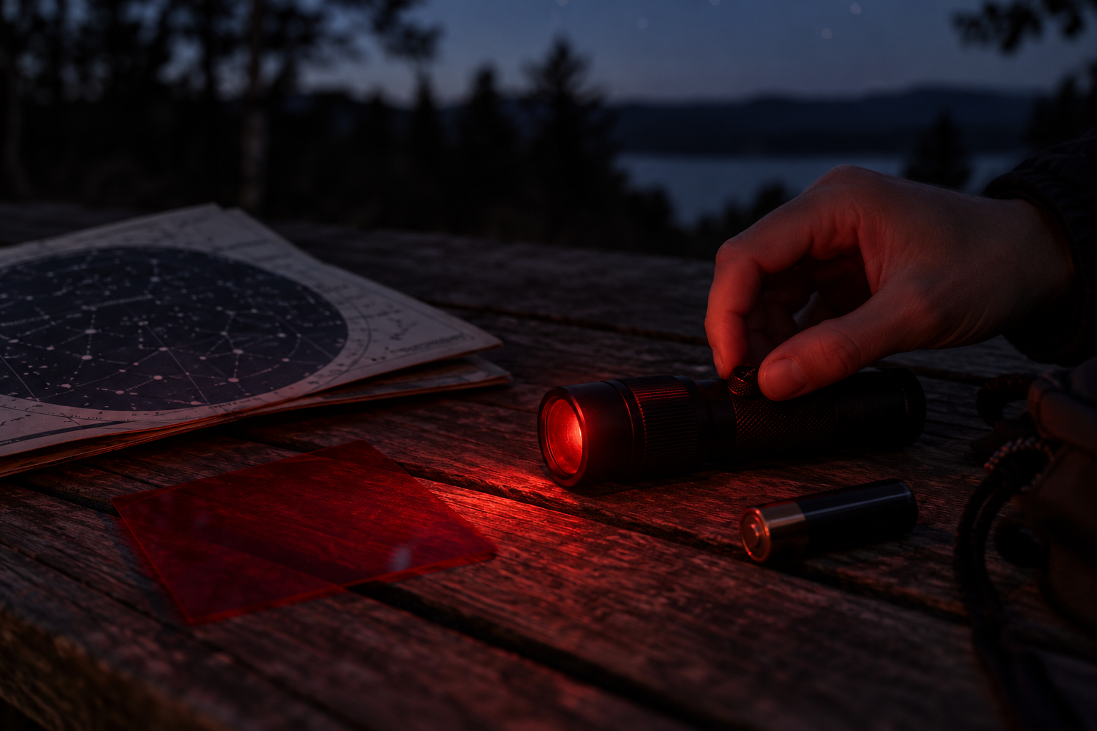 A dim red flashlight beside a star chart and spare battery.