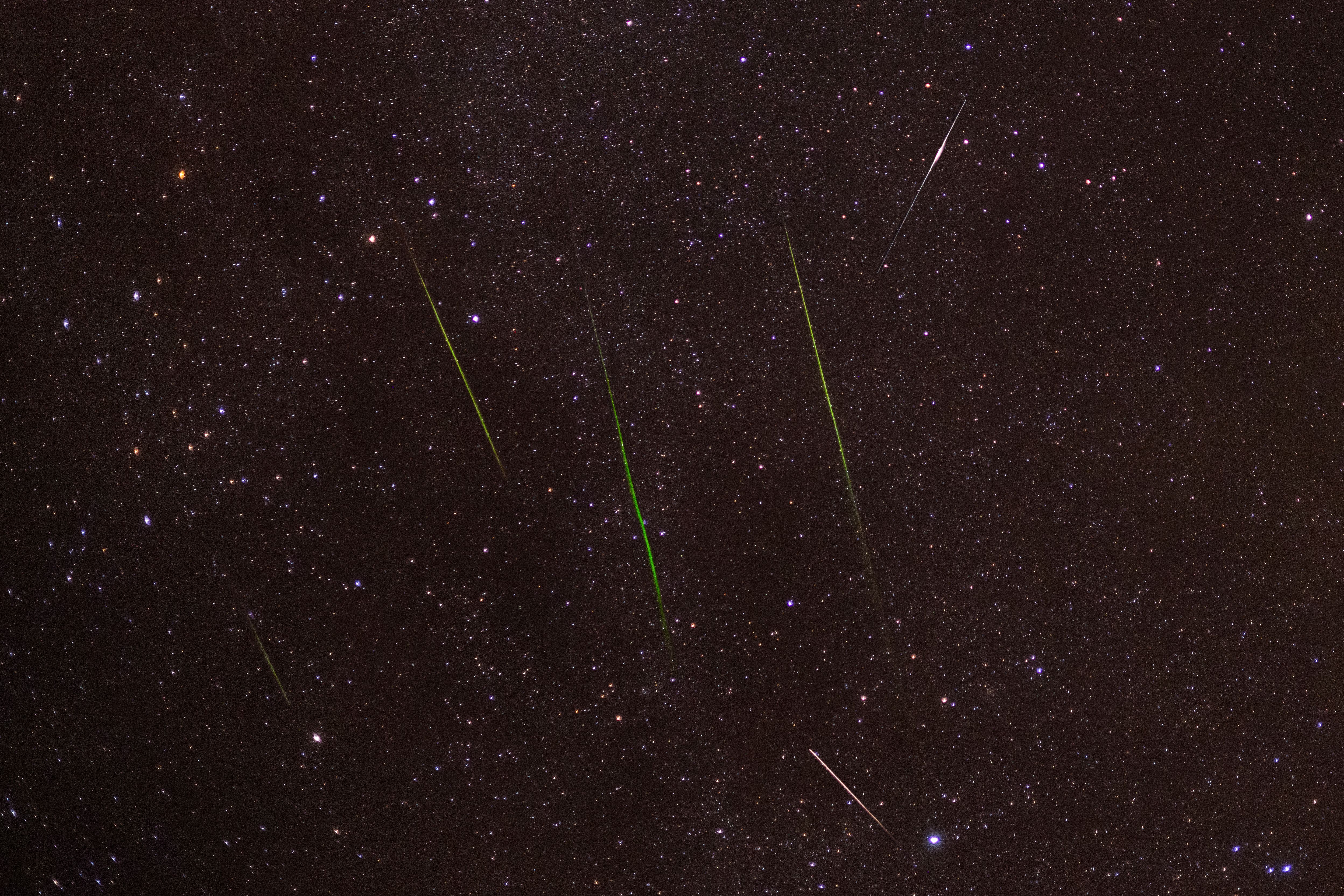 Meteor streaks across a star-filled night sky above a dark landscape during a Perseid meteor shower.