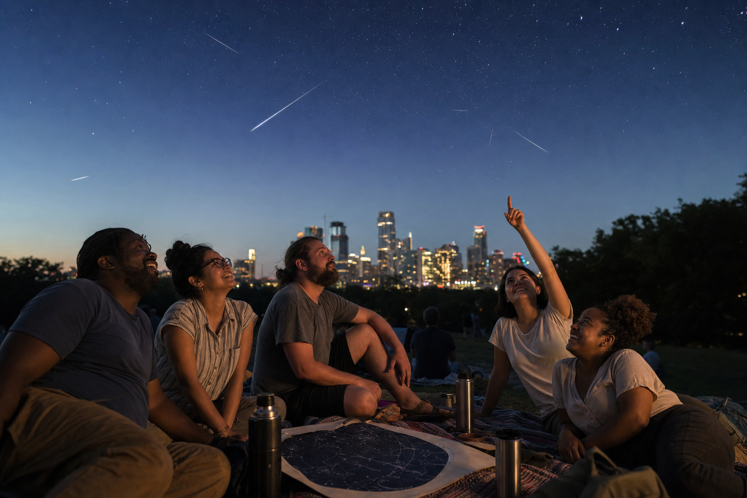 A friendly Austin meteor-watch gathering under a summer night sky