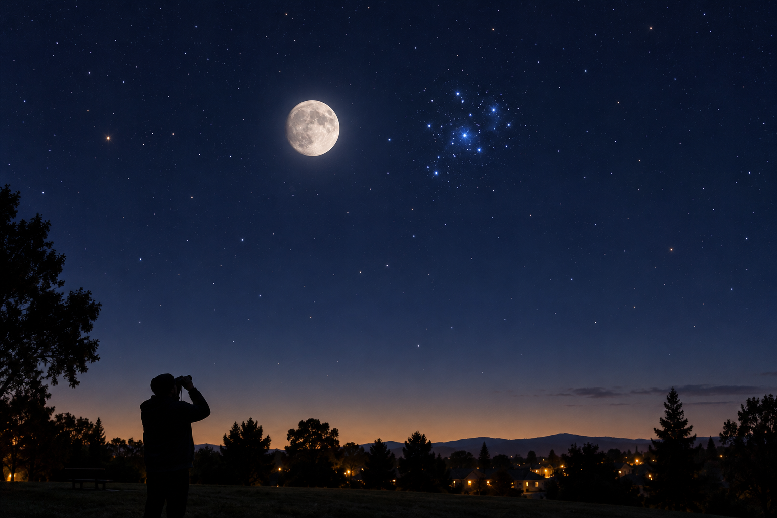 A beginner uses binoculars to identify the Moon and Pleiades in a clear eastern sky