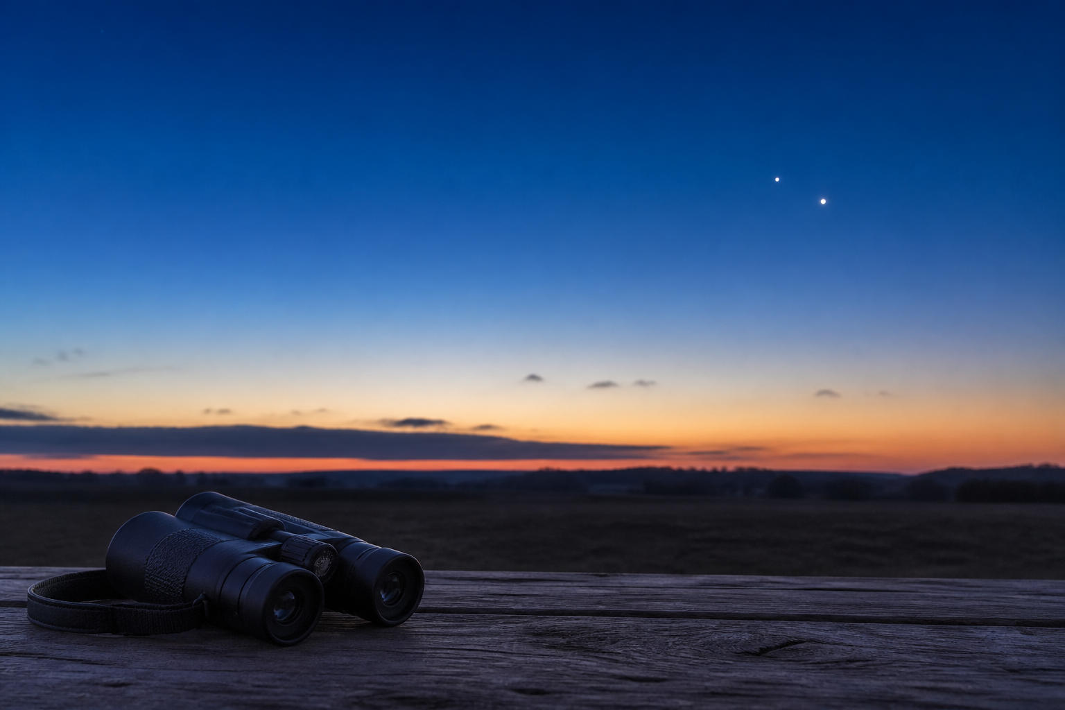 Binoculars rest safely beside an unobstructed dawn horizon with two bright planets low in the sky.