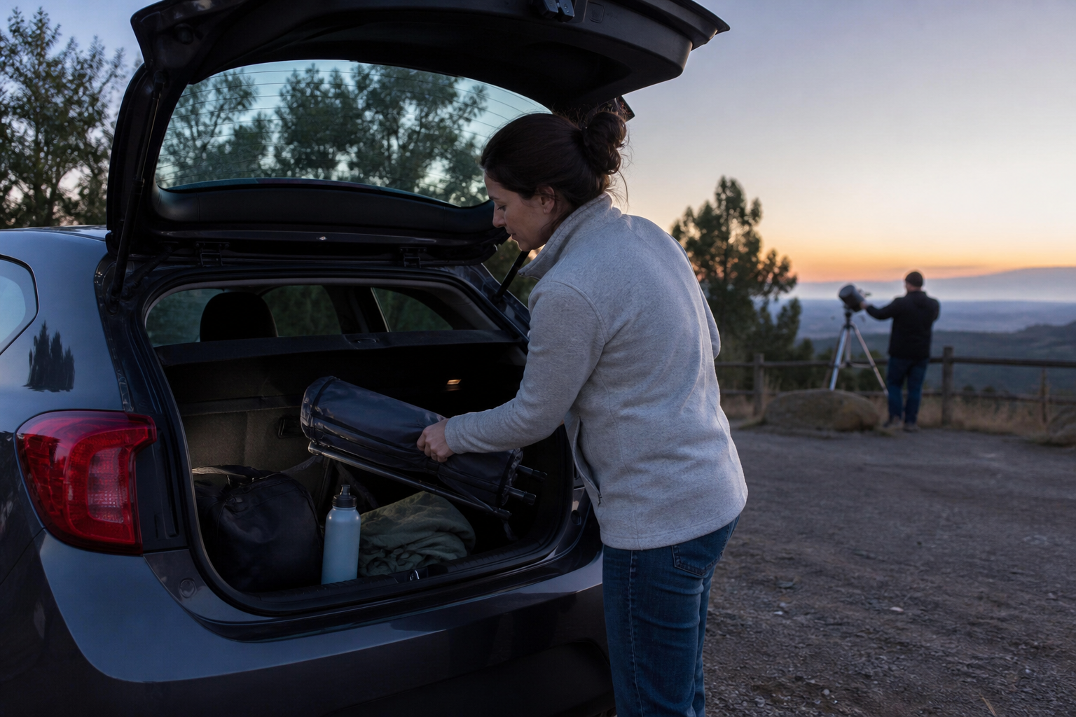 A compact folding chair being packed for an evening astronomy outing