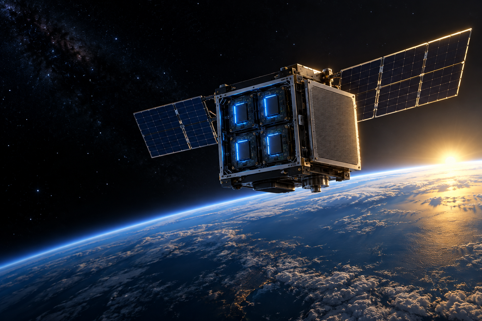 Conceptual illustration of a compact orbital compute hardware demonstrator with solar panels above Earth; it is not a depiction of Google’s actual prototype.