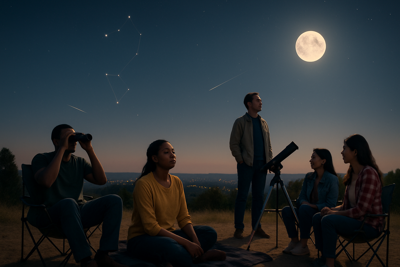 Small group of friends at a summer star party under a moonlit sky with a faint June Bootids meteor overhead