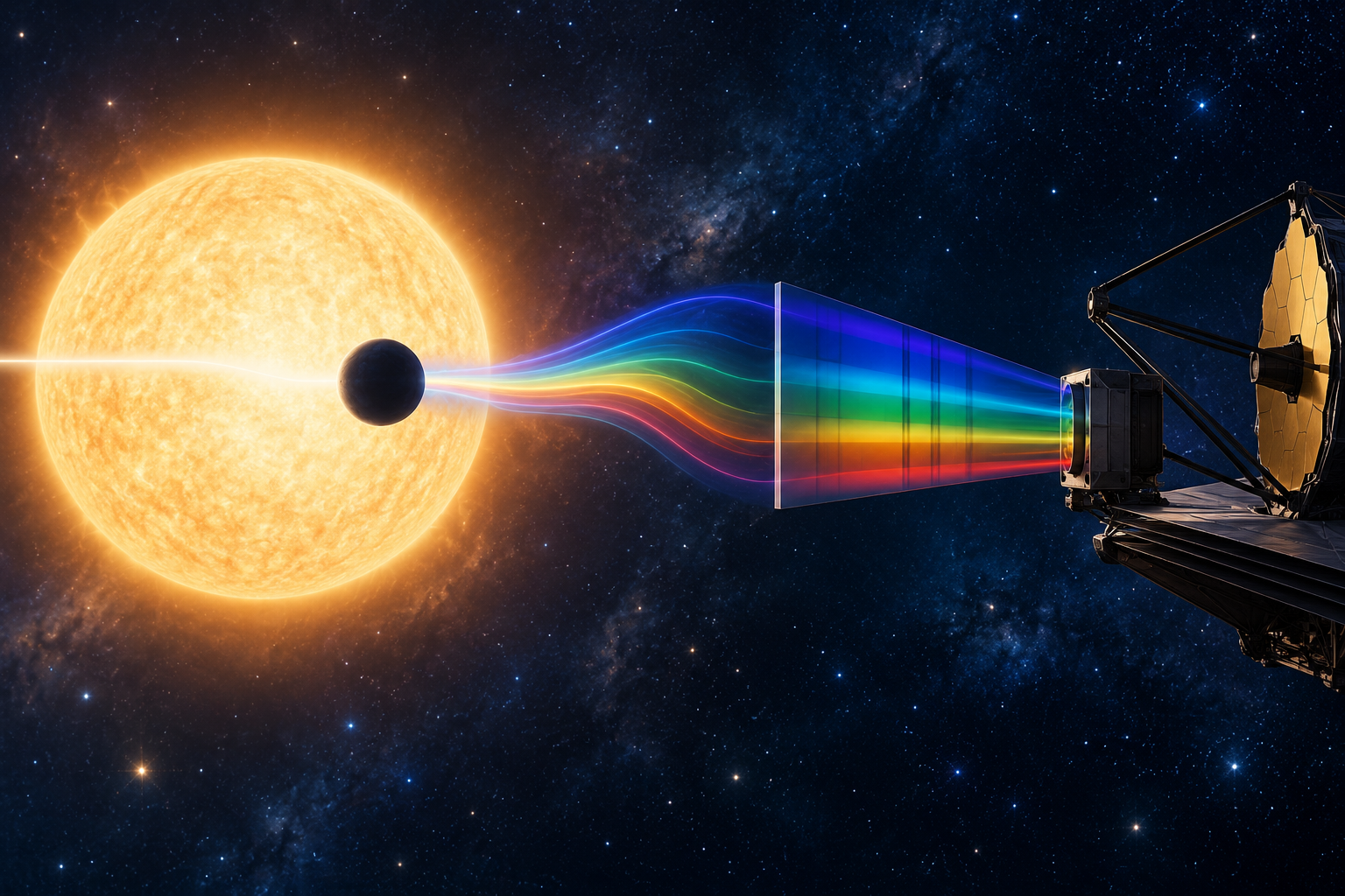 Illustration of a transit signal being separated into an atmospheric spectrum by a space telescope