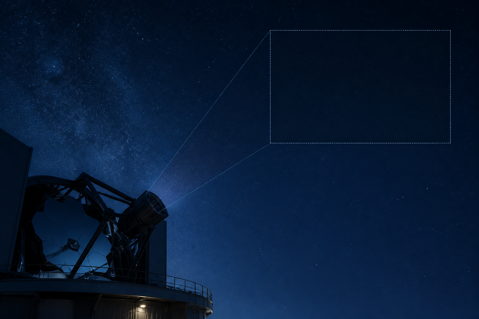A large observatory studies a nearly empty rectangular field of sky, illustrating how deeper images can tighten a non-detection.