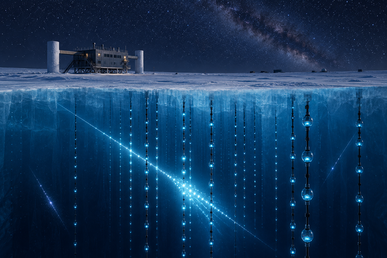Conceptual cutaway of the IceCube detector beneath the Antarctic ice at night, with detector strings and a reconstructed neutrino interaction.