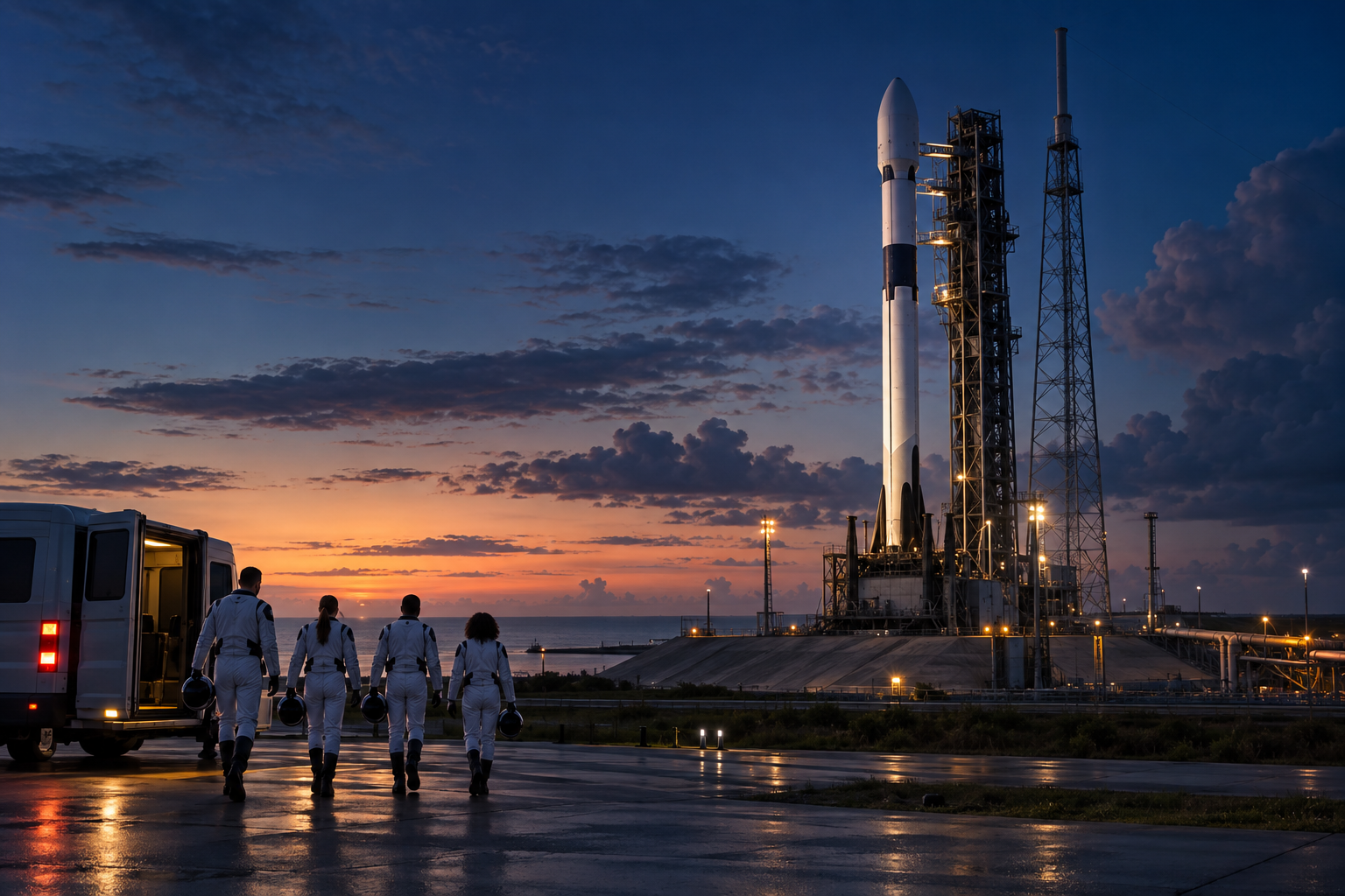 Four crew members walking toward a crew rocket at a Florida launch pad before dawn.