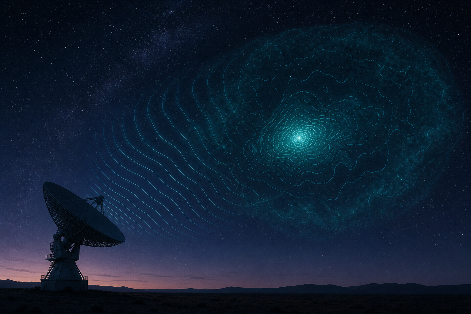 A radio dish receives faint teal contours from a compact hydrogen core and broad diffuse gas envelope.