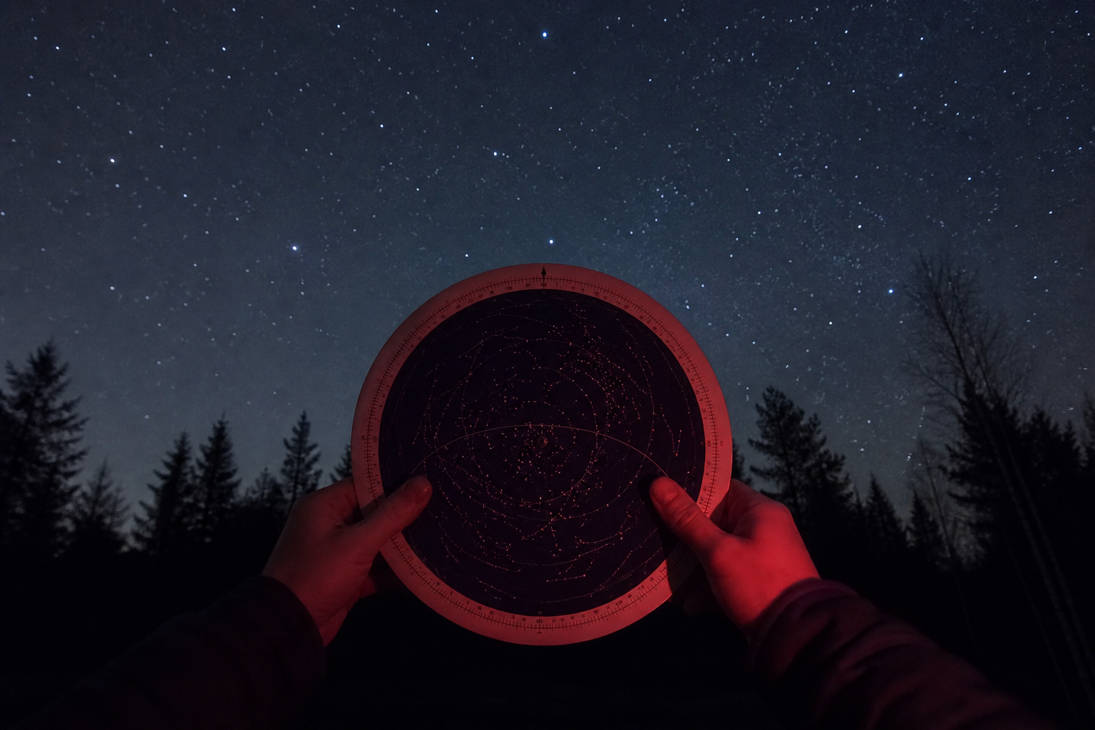 A red-lit planisphere is held upright against a tree-lined horizon